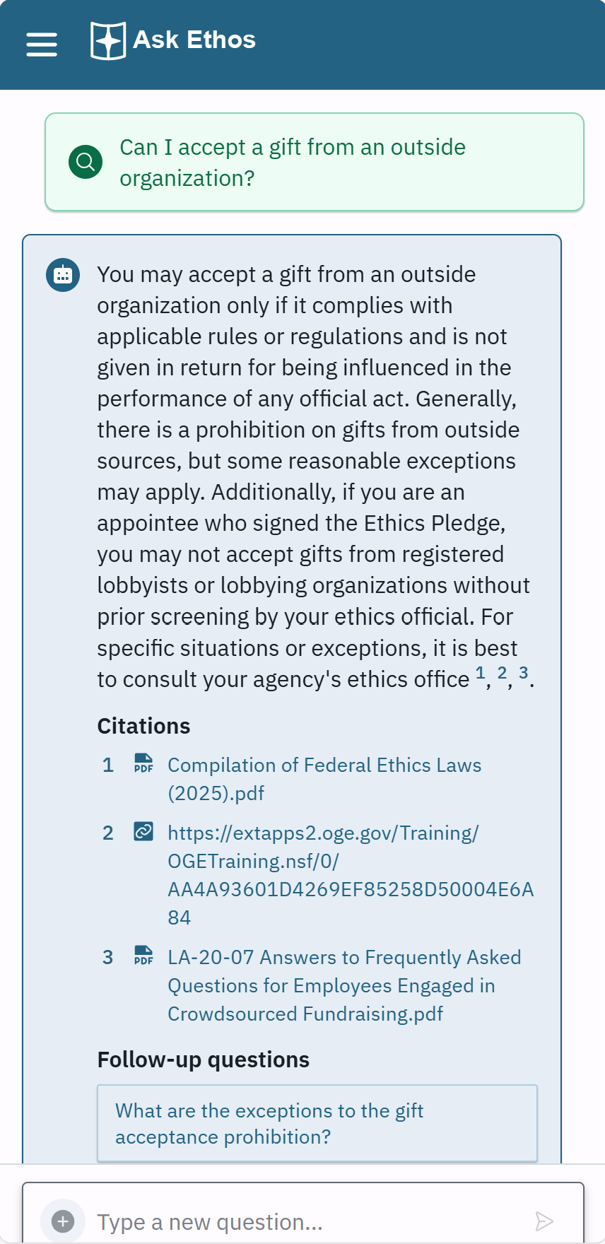 Ask Ethos mobile interface showing the same ethics question with responsive design